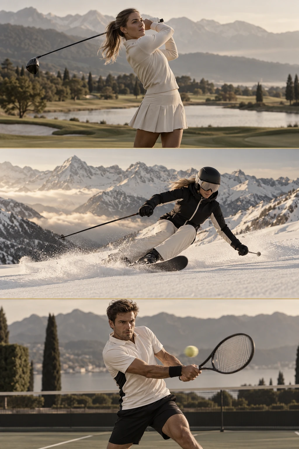 Triptyque d’ambiance : une golfeuse, un skieur et un joueur de tennis